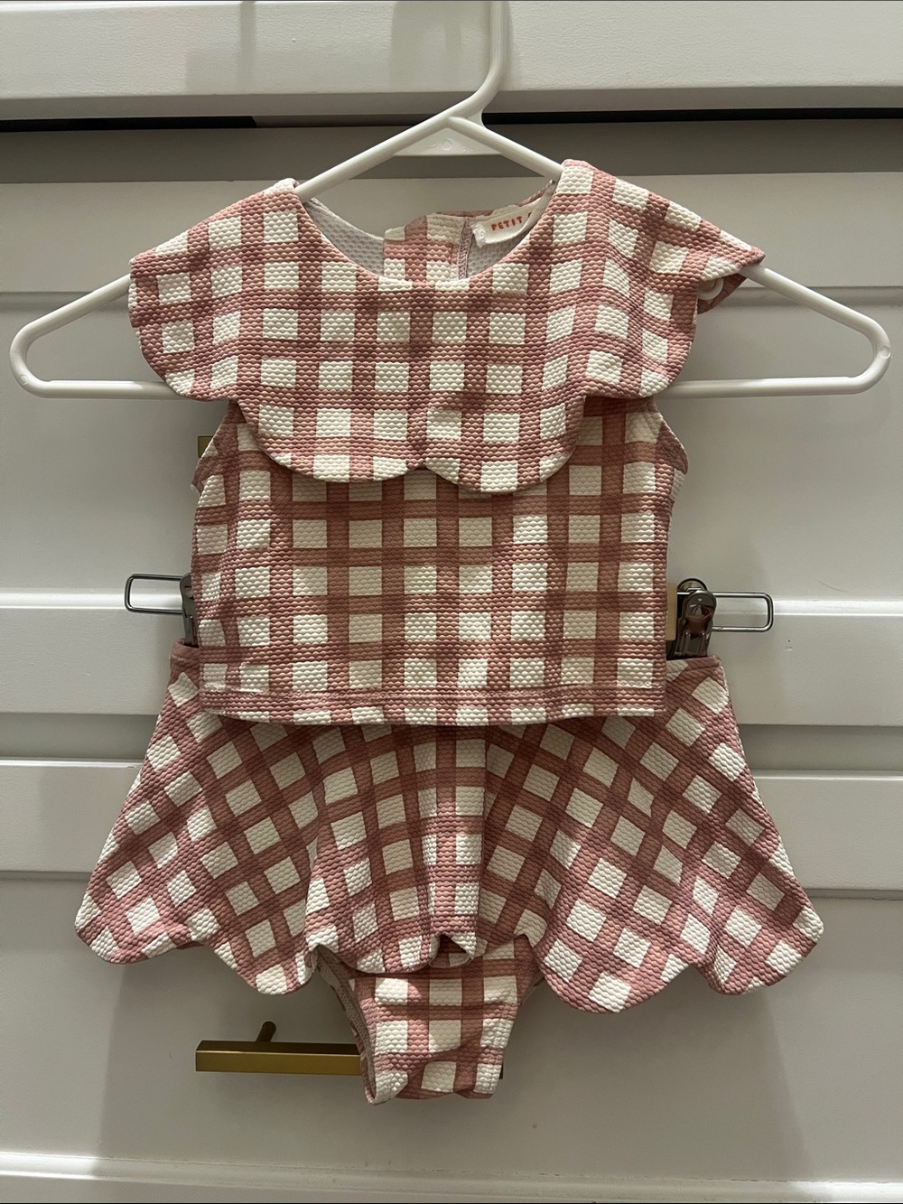 Gingham Pink & Cream Scalloped Girls swim Set. Petite Playa. Size 5/6.